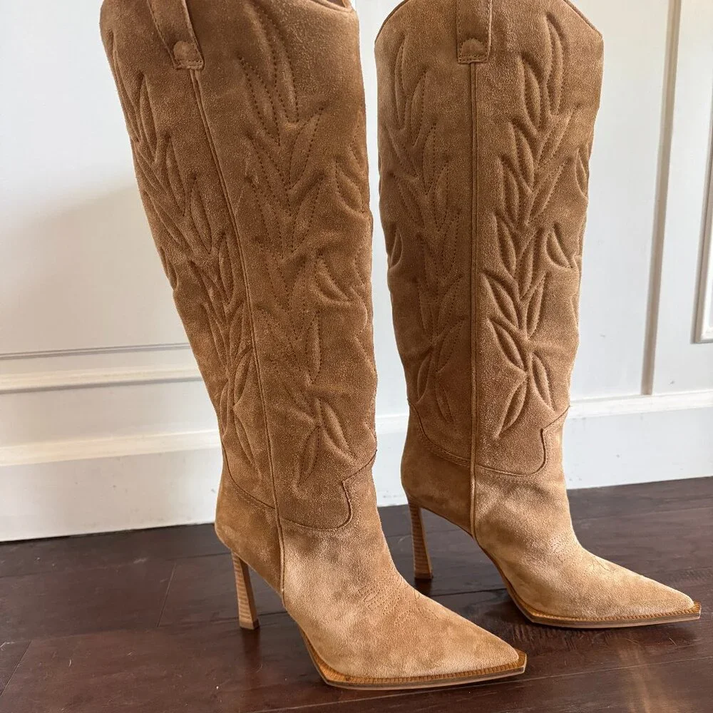 Steve Madden Tan Suede Western Knee-High Stiletto Boots - Picture 5 of 7